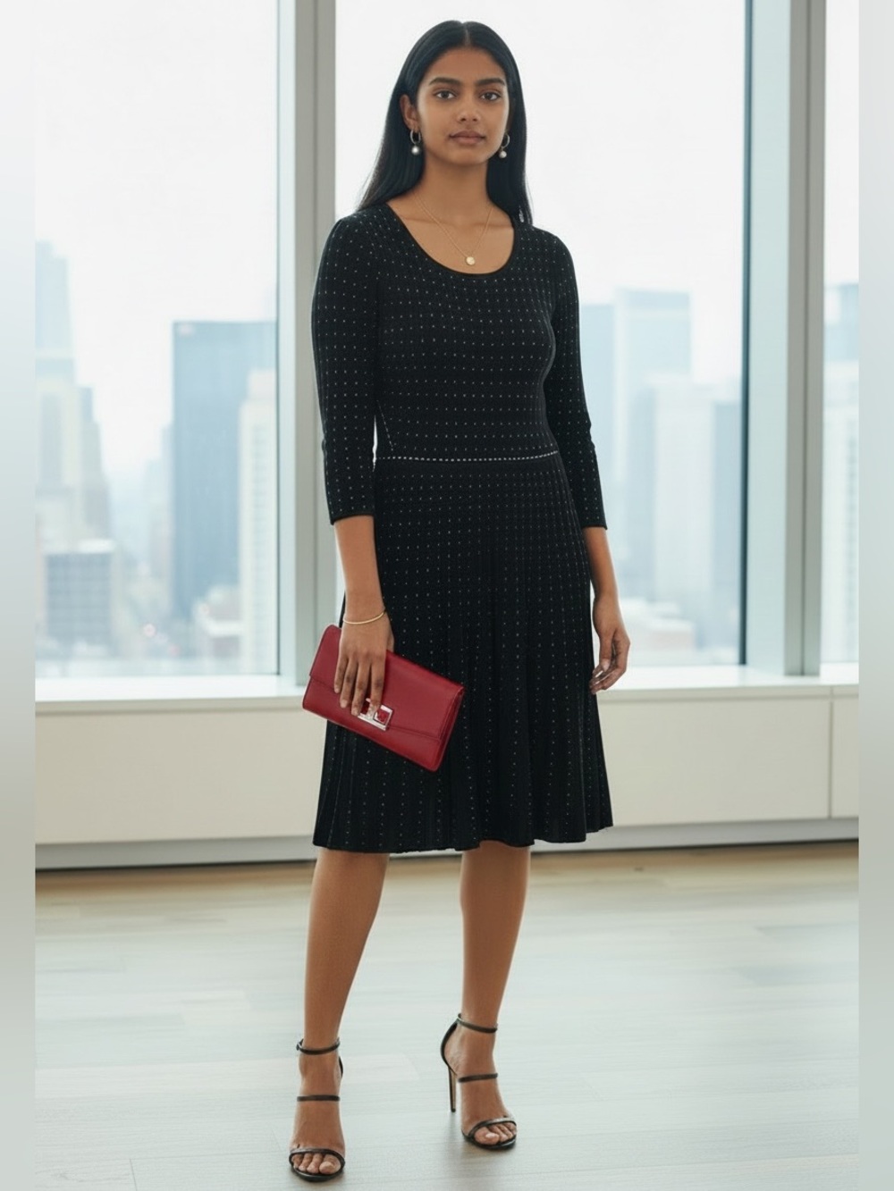 Nordstrom Nina Leonard Black Dot-Pattern A-Line Knit Sweater Dress L